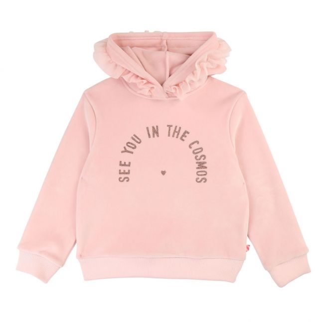 Girls Pink Velvet Ruffle Hooded Sweat Top