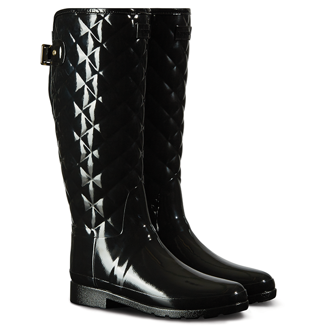 Womens Hunter Black Refined Gloss Quilted Tall Wellington Boots