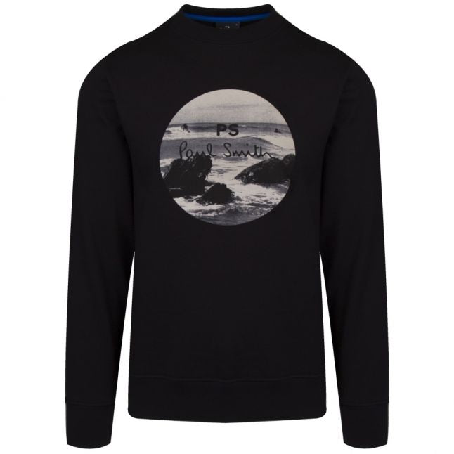 Mens Black Circle Surf Regular Fit Crew Neck Sweat Top