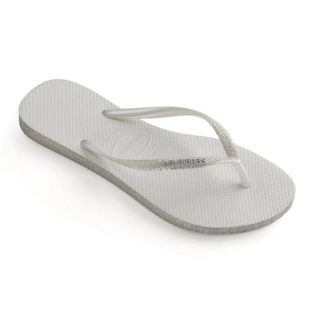 Womens White Slim Sparkle Flip Flops