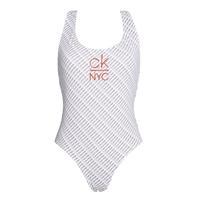 Womens White NYC Logo Racer Back Swimsuit