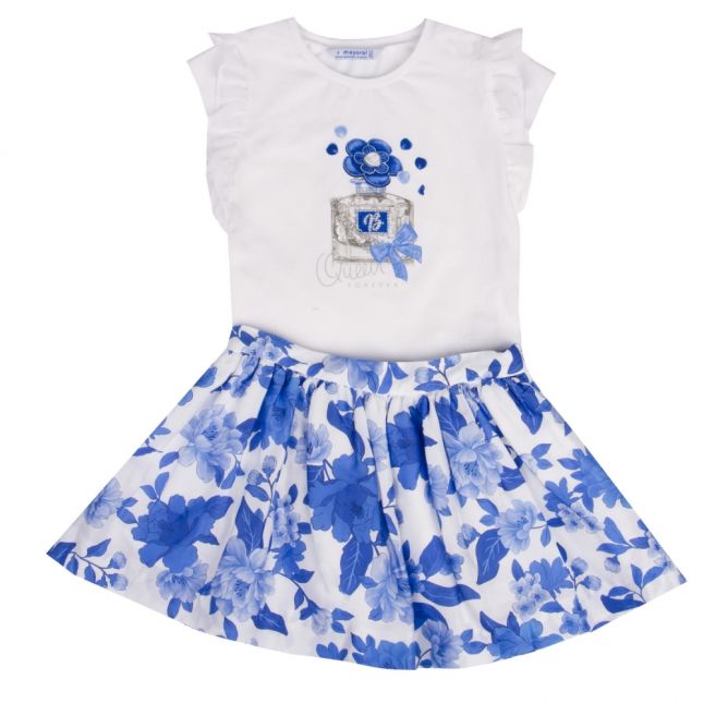 Girls White/Blue Perfume S/s T Shirt & Skirt Set