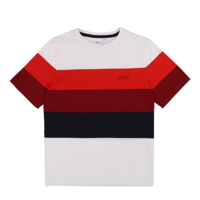 Boys White Red Multi Stripe Small Logo S/s T Shirt