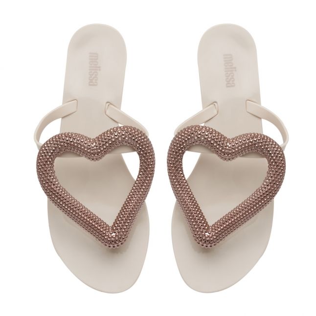 Womens Pink Nude Big Heart Chrome Flip Flops