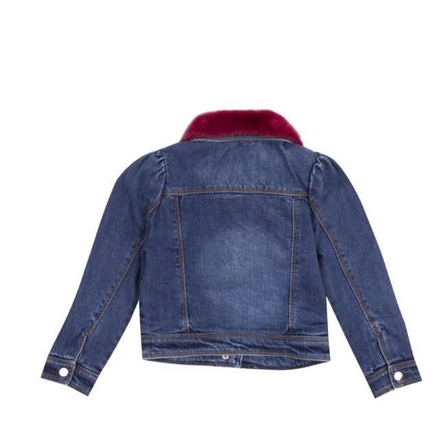 Girls Dark Blue Faux Fur Collar Denim Jacket