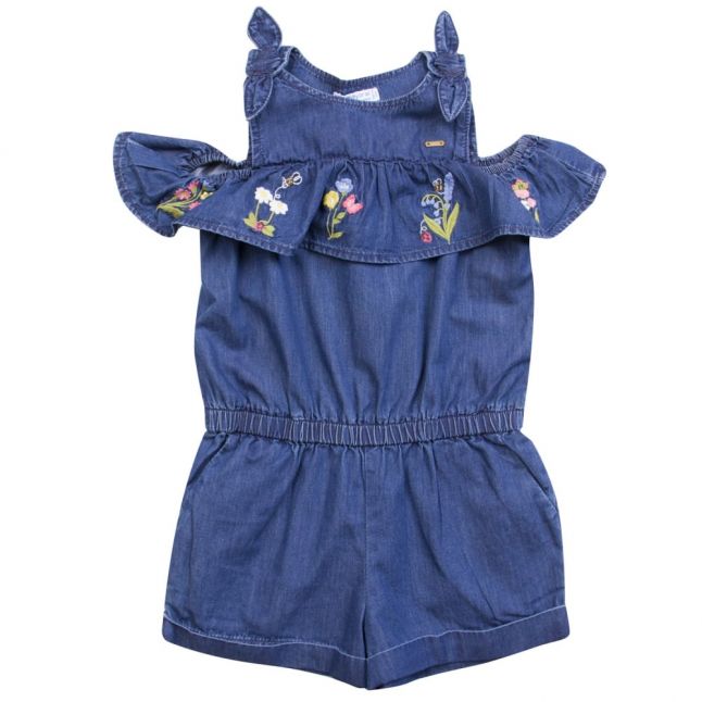 Girls Blue Embroidered Denim Playsuit