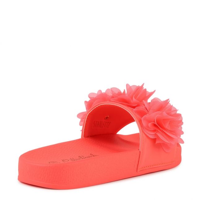 Girls Pink Fluoro Pleated Flower Slides (27-37)