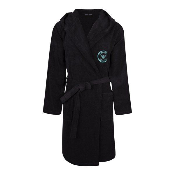 Mens Black Round Eagle Logo Bathrobe