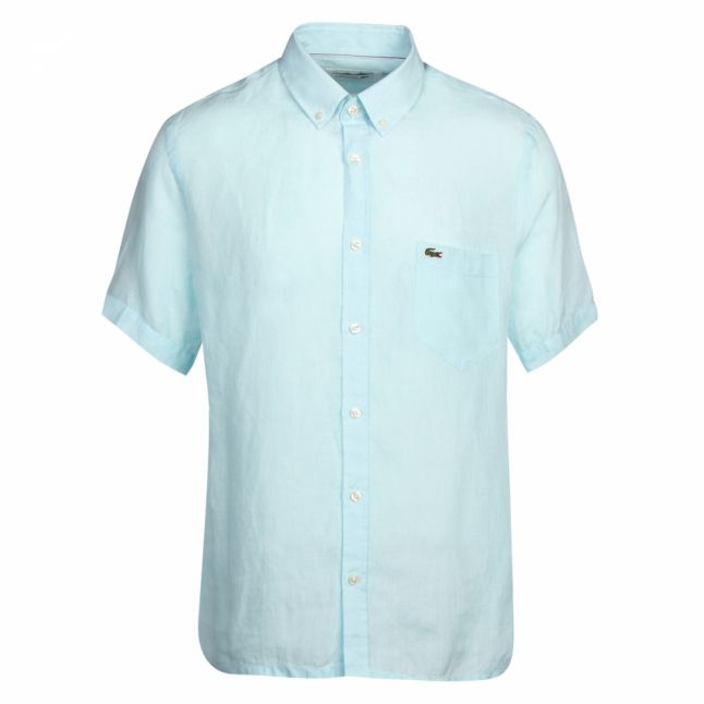 Mens Turquoise Linen Regular Fit S/s Shirt