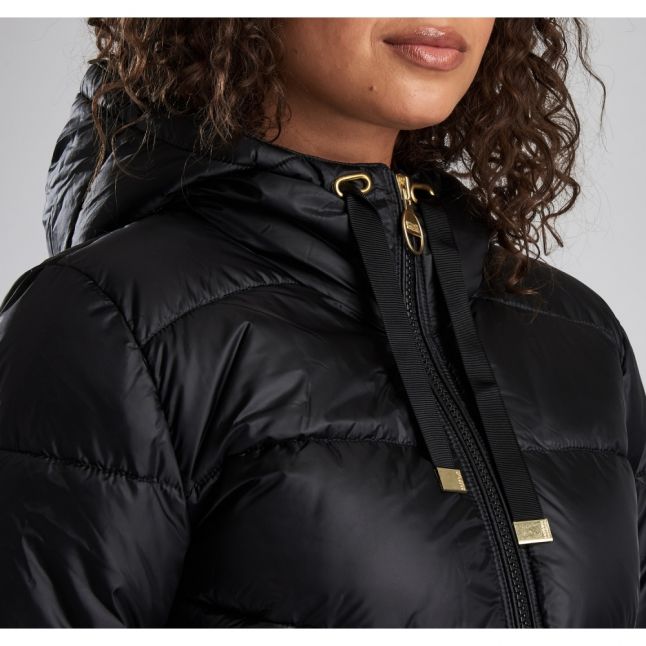 Womens Black Brace Hooded Quilted Jacket