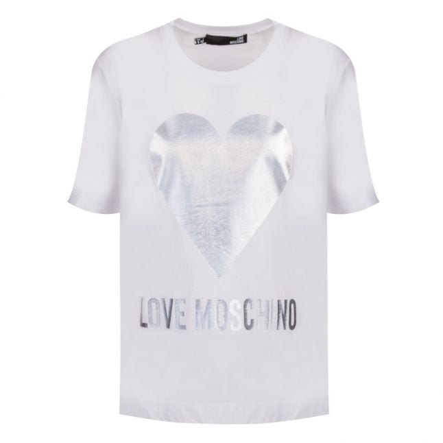 Womens Optical White Shiny Heart Oversized S/s T Shirt