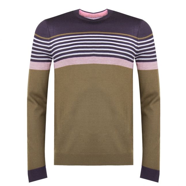 Mens Khaki Giantbu Stripe Crew Knitted Jumper