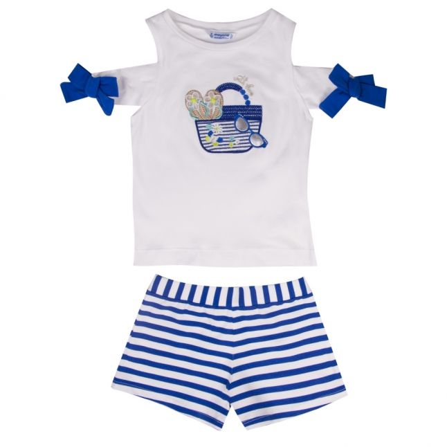 Girls White/Blue Beach Bag Top & Shorts Set