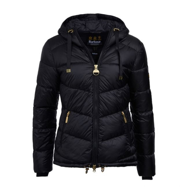 Womens Black Brace Hooded Quilted Jacket