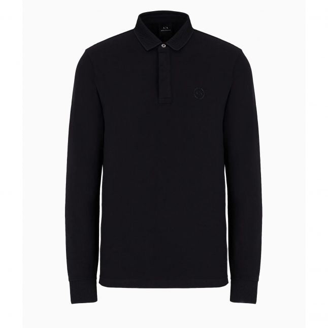 Mens Black Branded L/s Polo Shirt