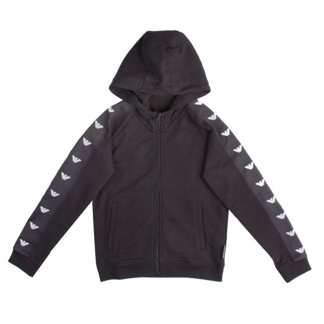 Boys Black Logo Trim Hooded Zip Through Sweat Top