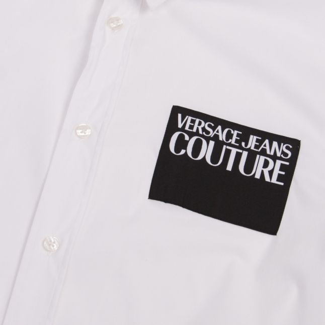 Mens White Branded Label Slim Fit L/s Shirt