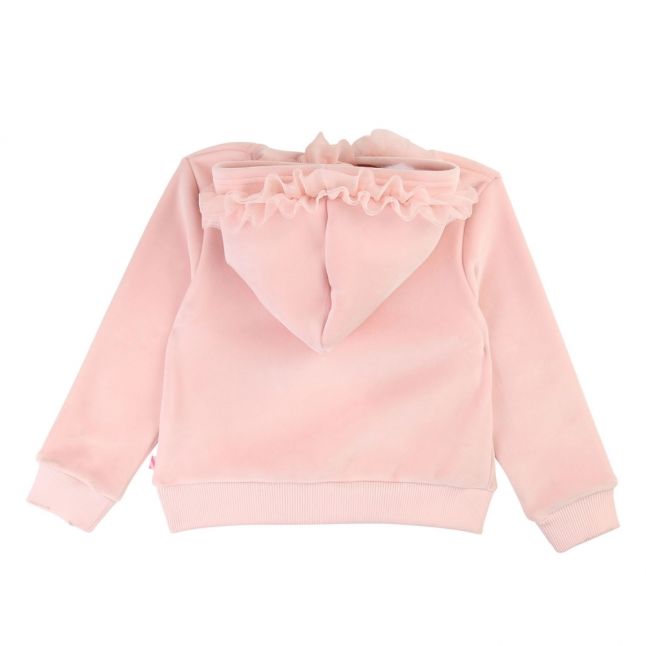 Girls Pink Velvet Ruffle Hooded Sweat Top