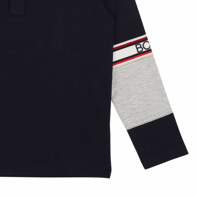 Boys Navy Stripe Sleeve Detail L/s Polo Shirt