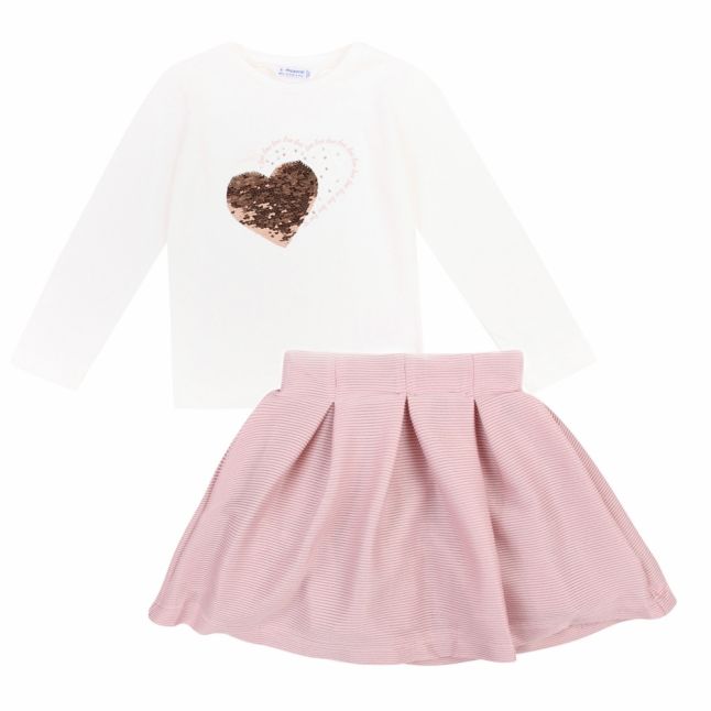 Girls Natural/Nude Sequin Heart L/s T Shirt & Skirt Set