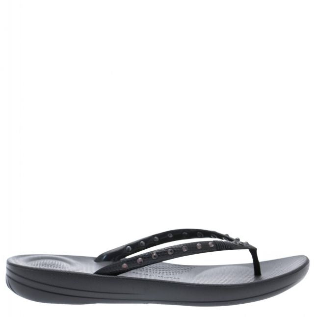 Womens Black Iqushion Crystal Flip Flops