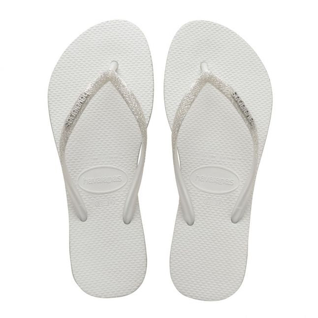 Womens White Slim Sparkle Flip Flops