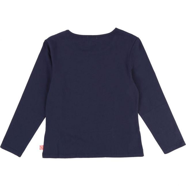 Girls Navy Sequin Heart L/s T Shirt