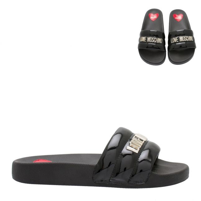 Womens Black Patent Logo Slides