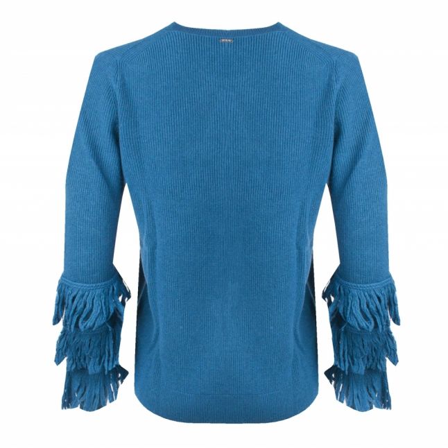 Womens Luxe Teal Shaker Fringe Crew Neck Knitted Top