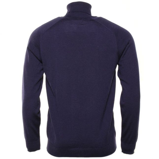 Mens Navy Block Check Merino Roll Neck Jumper