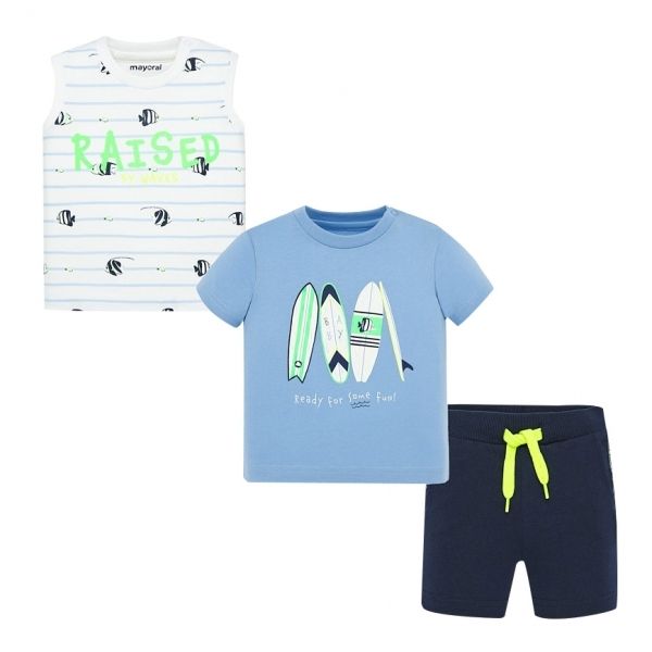 Infant Pale Blue S/s T Shirt, Vest & Shorts Set