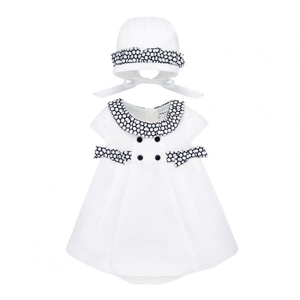 Baby Nautical White Spot Trim Dress & Hat Set