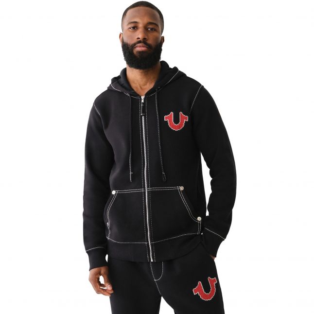 Mens Jet Black Cross Stitch Zip Hoodie