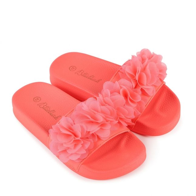 Girls Pink Fluoro Pleated Flower Slides (27-37)