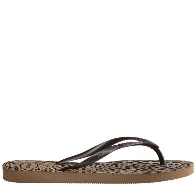 Womens Rose Gold/Café Slim Animals Flip Flops