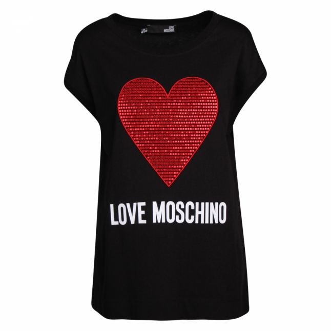 Womens Black Sequin Heart Casual S/s T Shirt