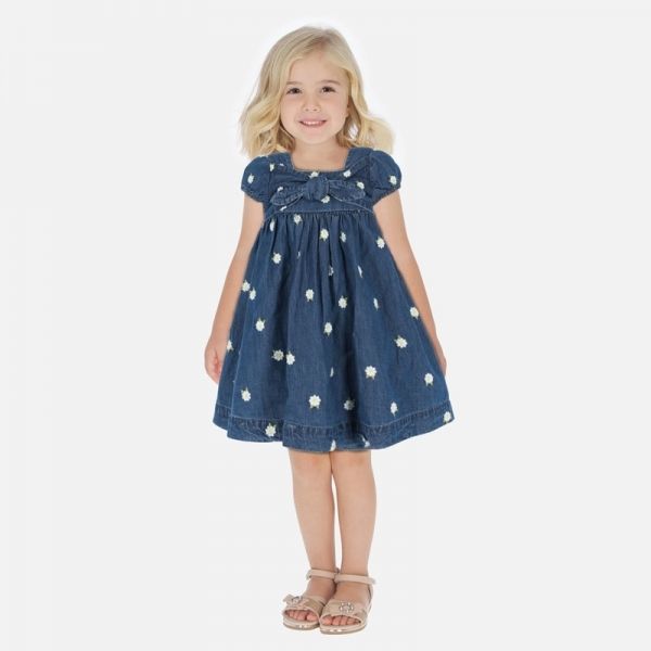 Girls Dark Blue Denim Daisy Bow Dress