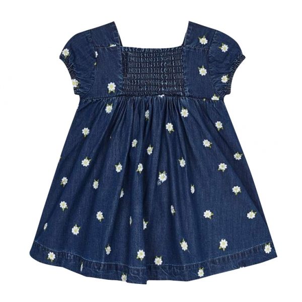 Girls Dark Blue Denim Daisy Bow Dress