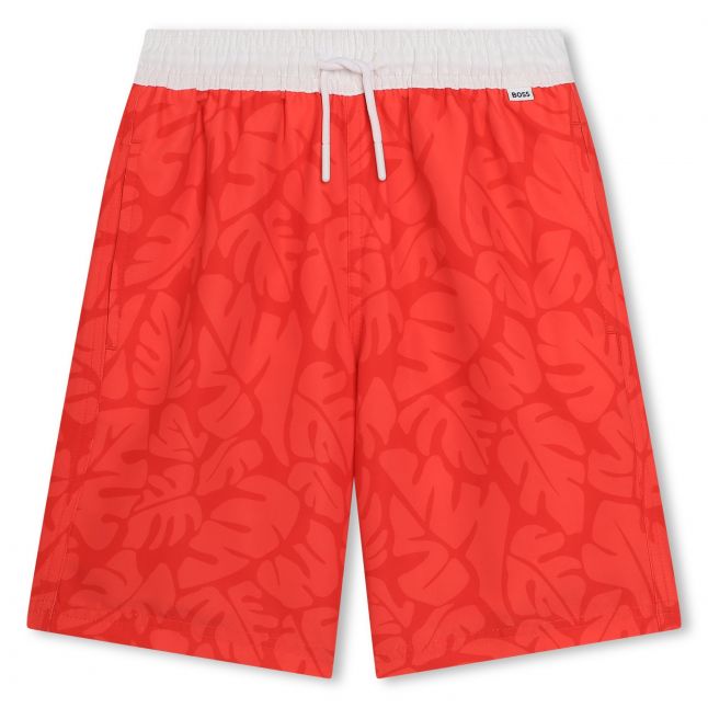 Boys BOSS Bright Red Palm Print Swim Shorts