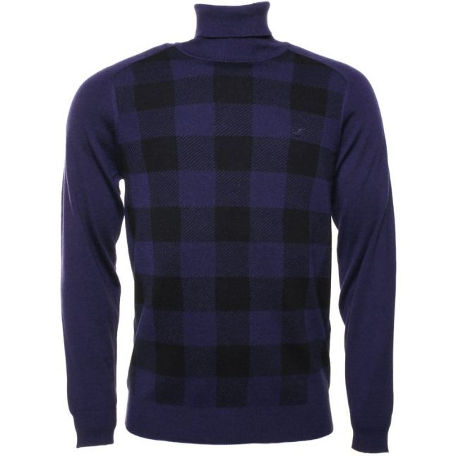 Mens Navy Block Check Merino Roll Neck Jumper