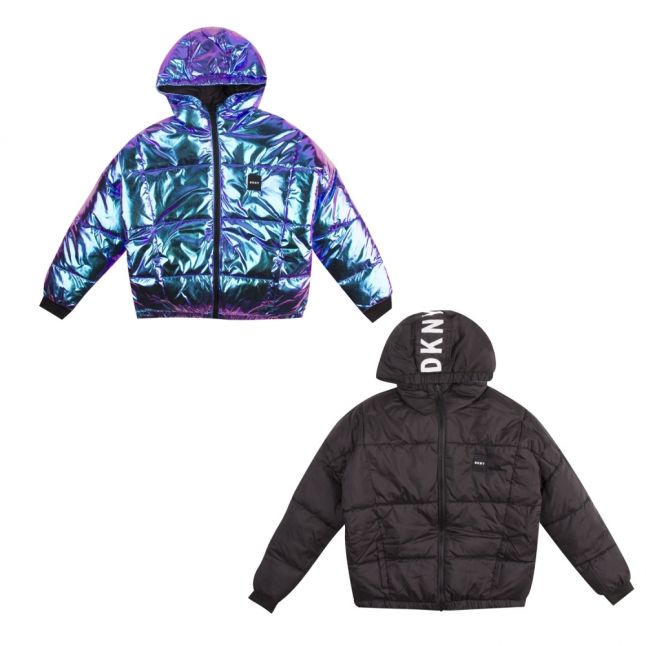 Girls Black Purple Iridescent Reversible Padded Jacket