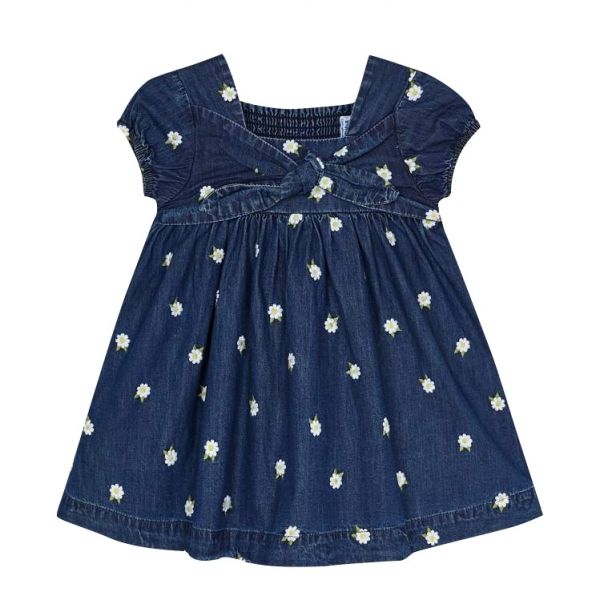 Girls Dark Blue Denim Daisy Bow Dress