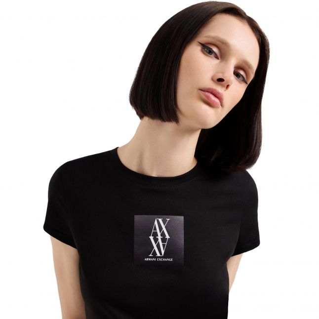 Womens Black Satin Patch S/s T Shirt