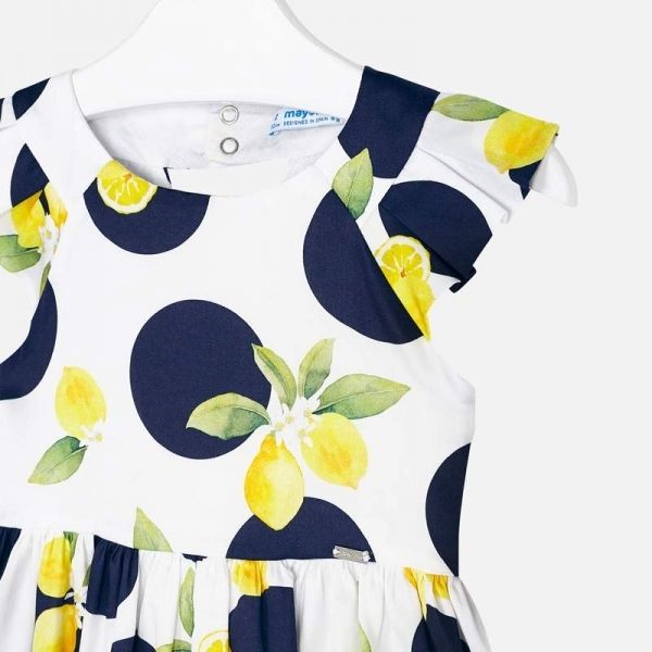 Girls White/Navy Lemon Spot Printed Dress