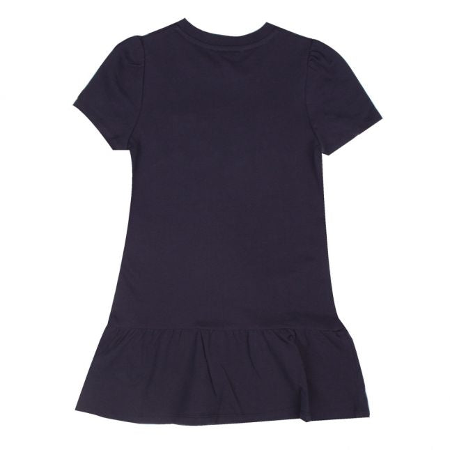 Girls Navy Embellished Logo Frill Dress