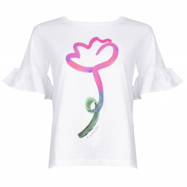 Womens White Floral Ruffle T Shirt