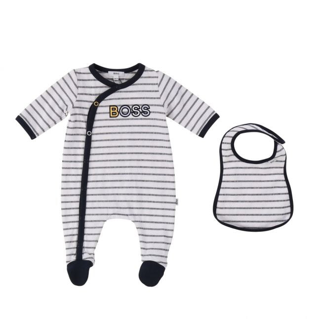 Baby White Navy Striped Babygrow & Bib Set