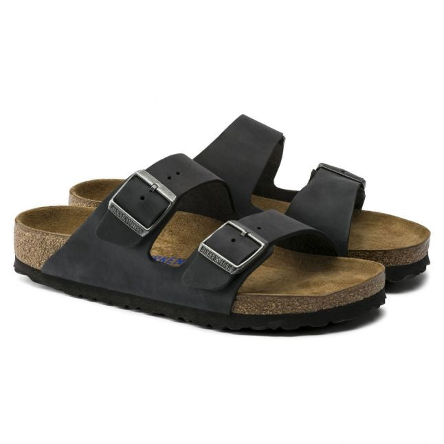 Womens Black Oiled Leather Arizona Slide Sandals