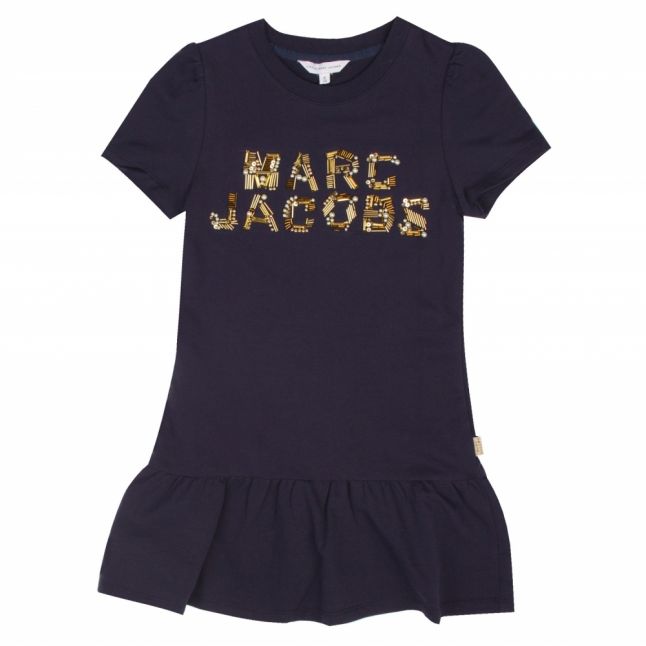 Girls Navy Embellished Logo Frill Dress