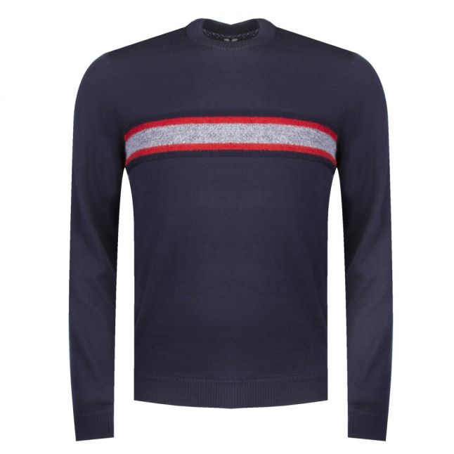 Mens Navy Hurrie Striped Crew Neck L/s Knitted Jumper